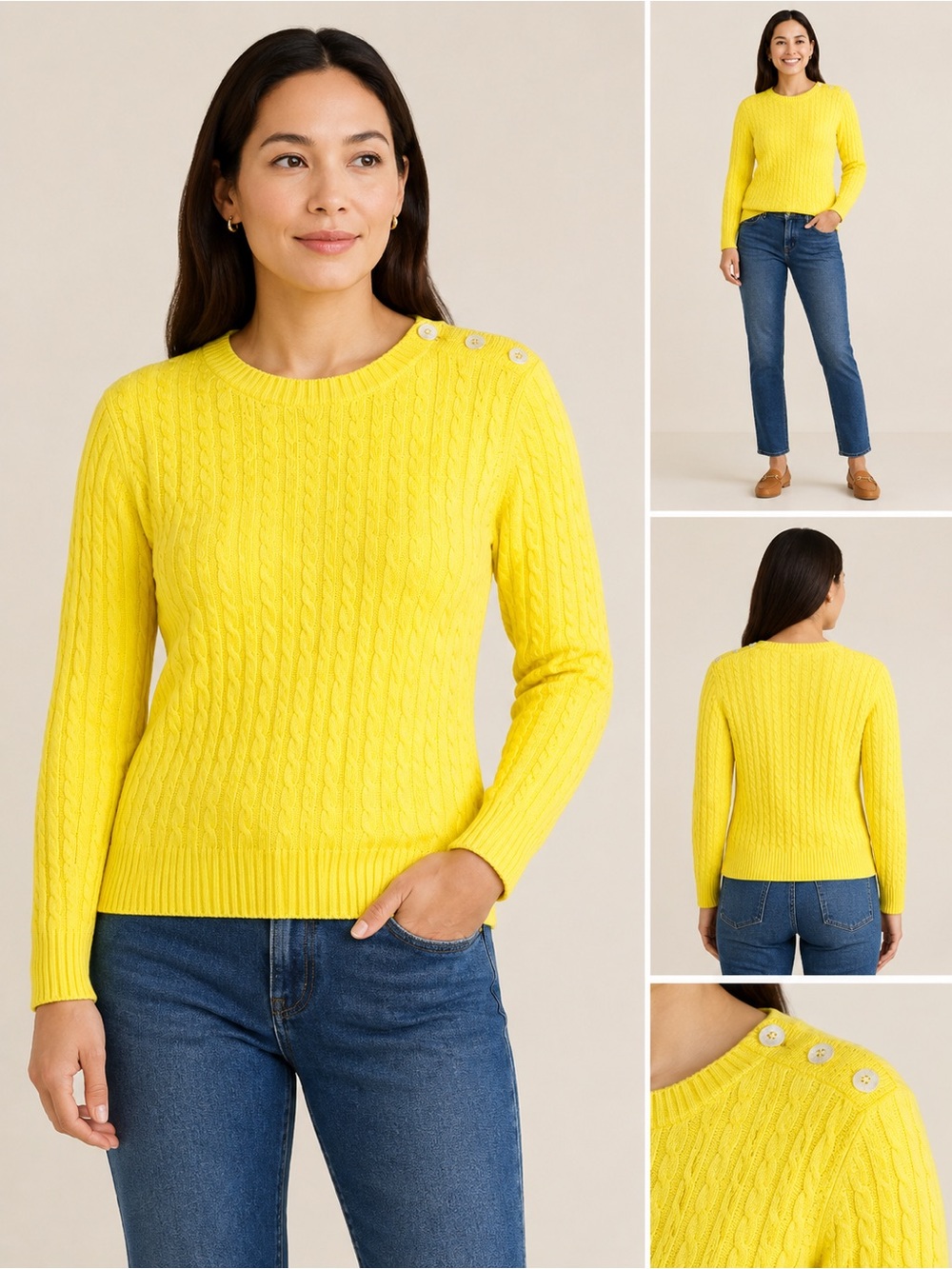 Lands End Women’s M Petite Yellow Cable Knitted Shoulder Button Preppy Sweater